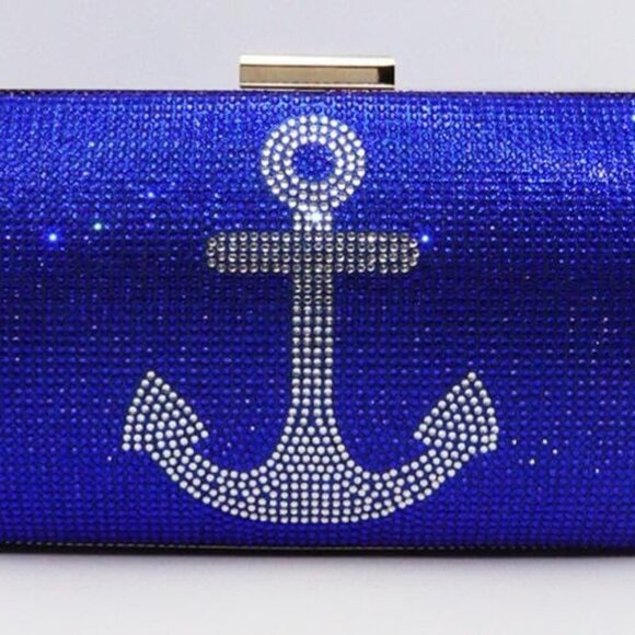 Luxurious Rhinestone Anchor Clutch Purse - Evening Handbag in Blue Glitter - Picture 4 of 6